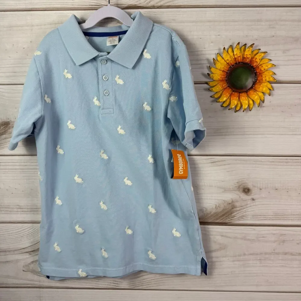 Boys Light Blue Gymboree Bunny Embroidered Short Sleeve Polo Shirt Size 12 New